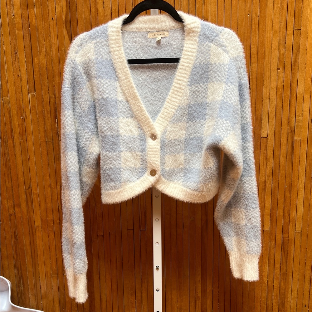 La Hearts Blue and Cream Checkered Cardigan